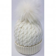 KIDS6216CREAM: Baby Cable Knit Fur Pom Hat- White (0-6 Months)